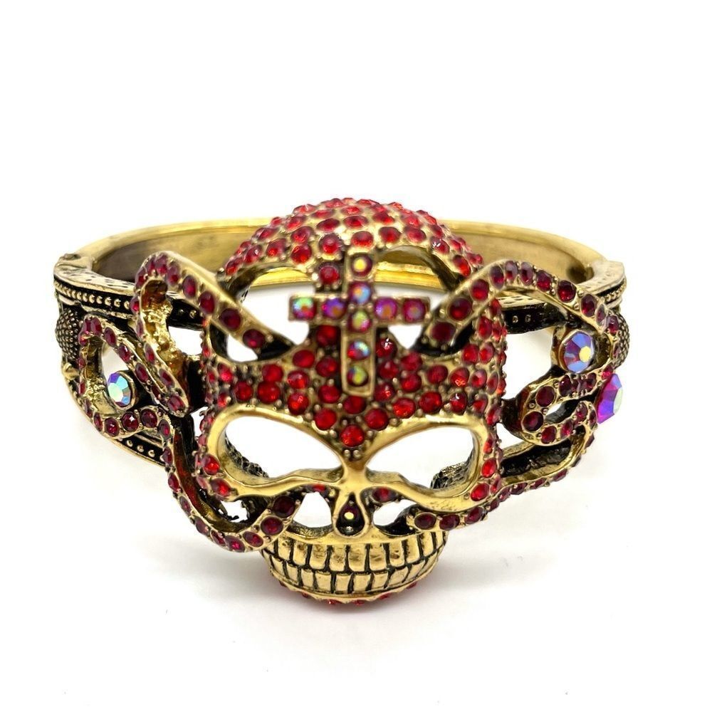 Skull Head Cuff Bracelet w/ Red Rhinestones